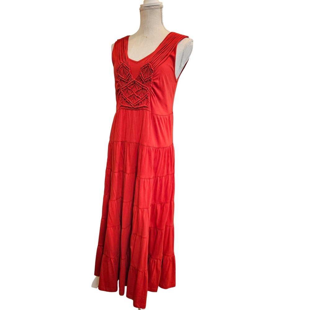 Reba Red Maxi Dress‎ Tiered Sleeveless V Neck Macrame Detail Boho Summer Medium